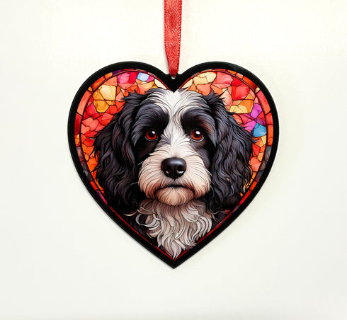 Cavapoo Black & White Stained Glass Effect Heart Suncatcher